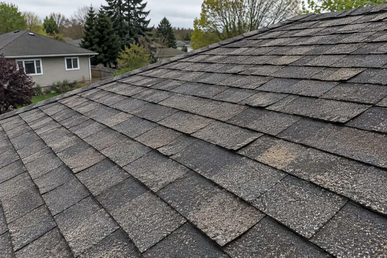 Weathered grey asphalt shingles with uneven lower edges