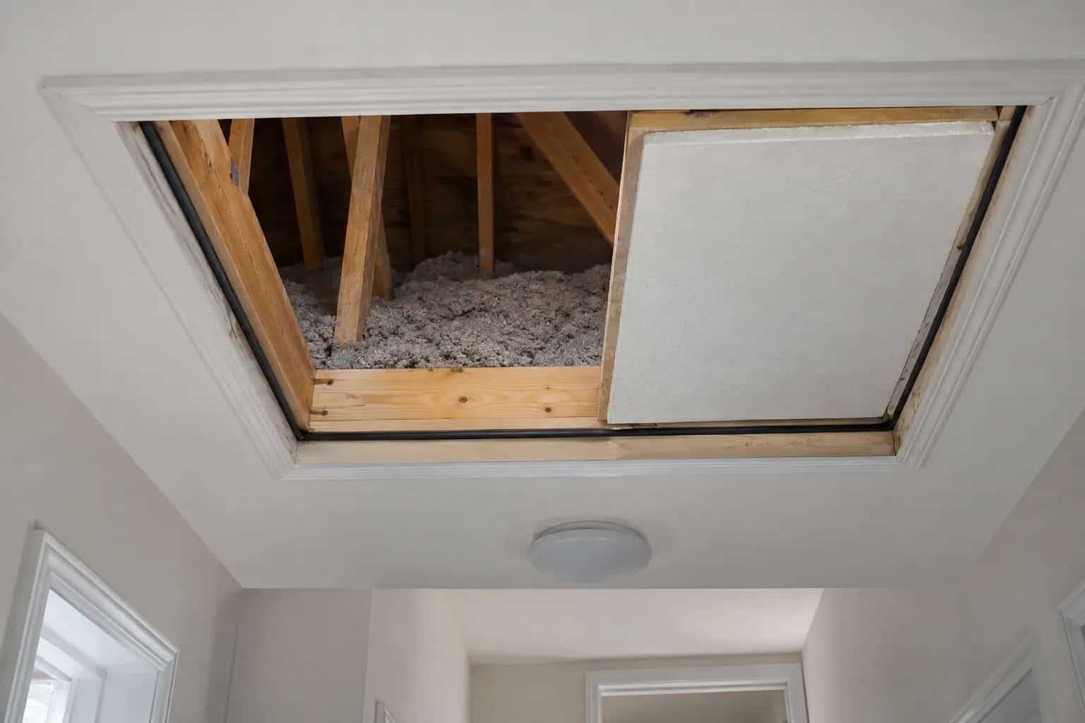 Open attic hatch with insulation attached to the lid above a white ceiling opening.