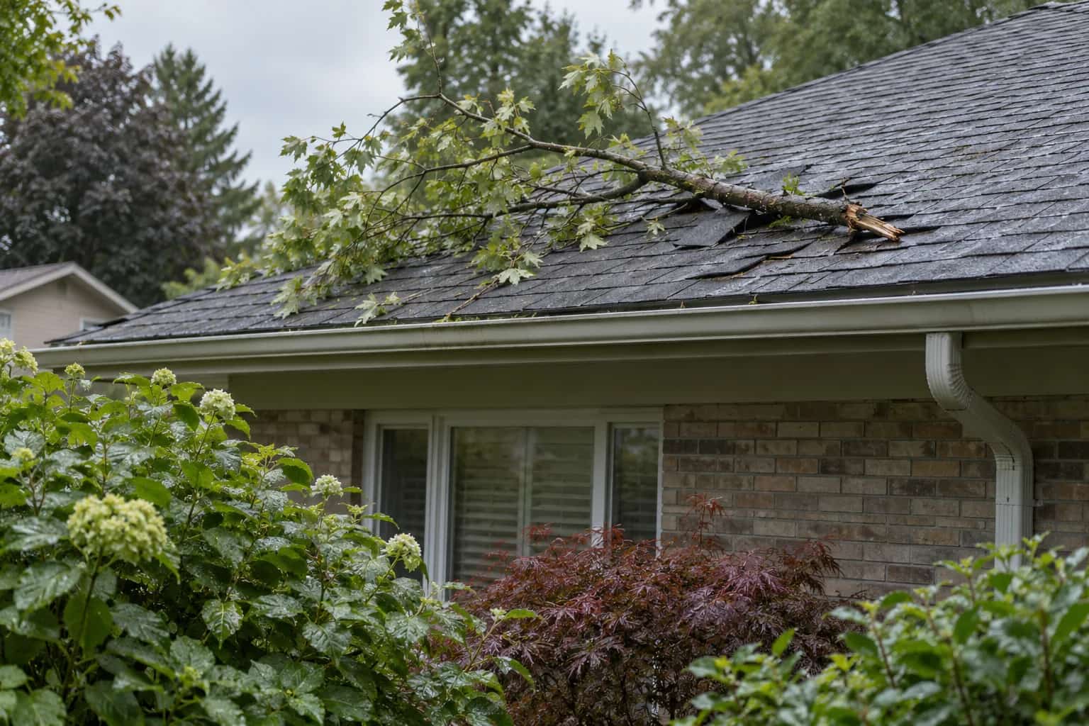 Fallen leafy branch resting across several lifted shingles above a gutter.