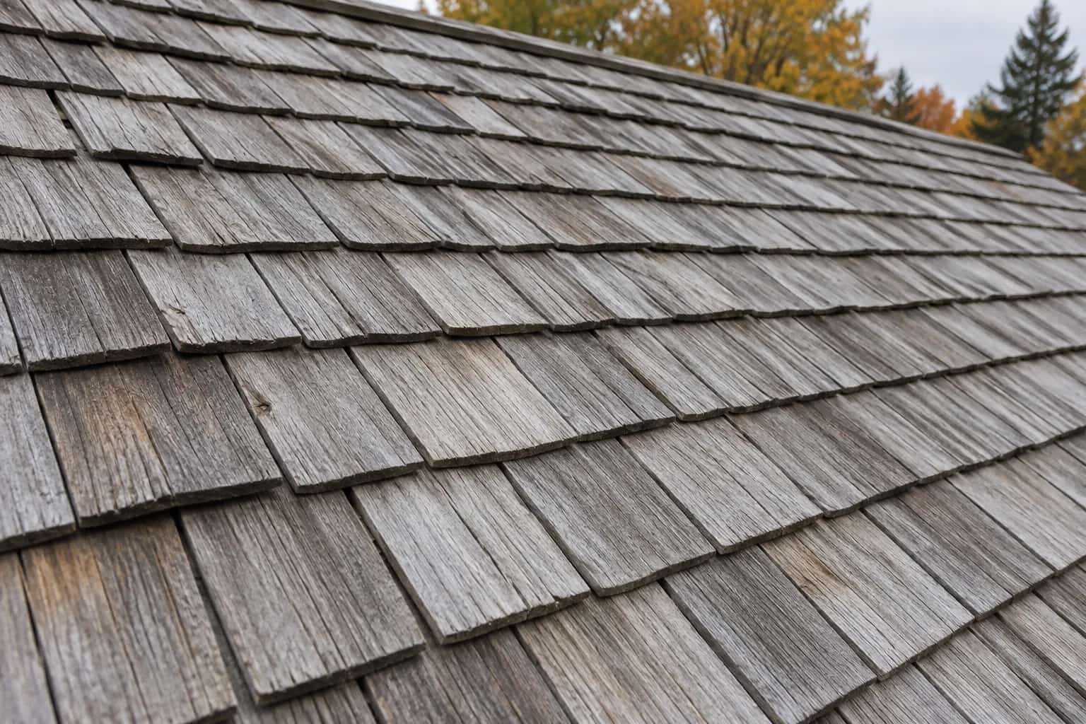 Weathered grey cedar roof shingles in overlapping courses with visible wood grain