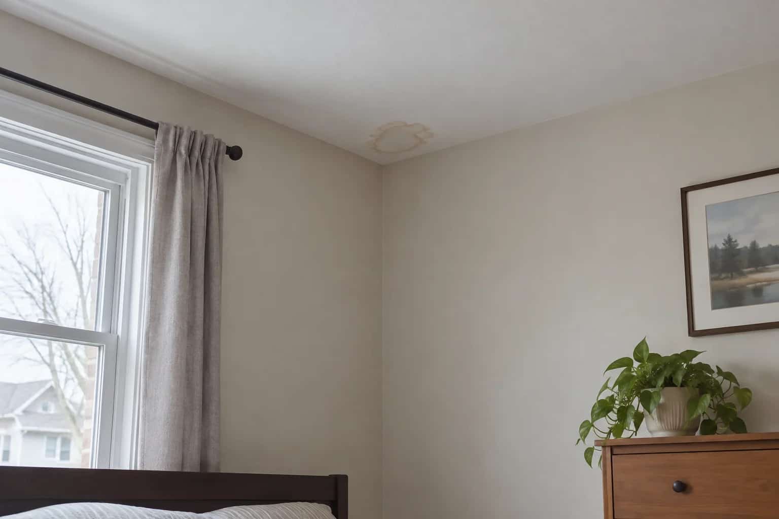 Small tan ceiling stain near a bedroom corner beside a window
