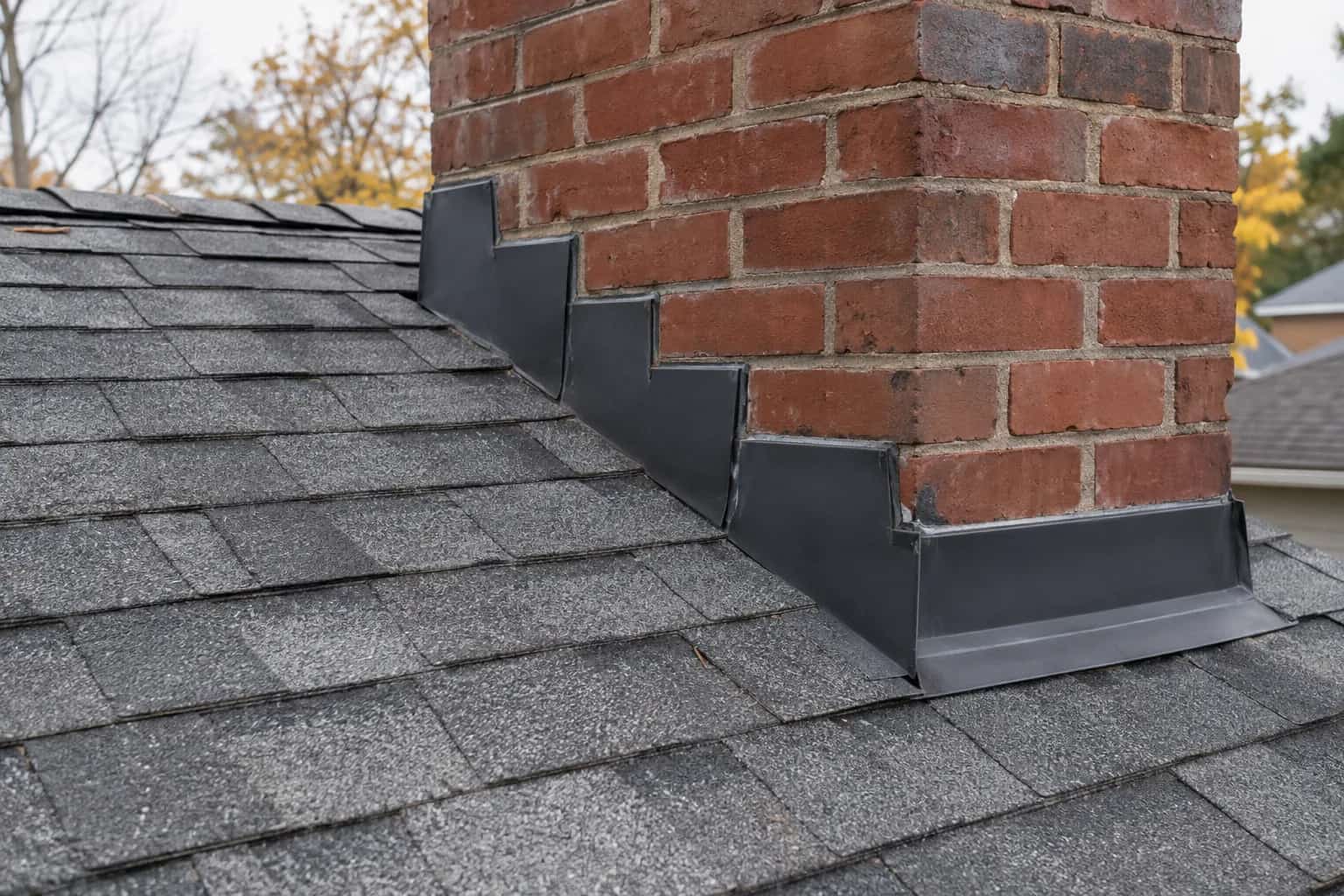 Dark metal flashing at the base of a brick chimney on an asphalt roof