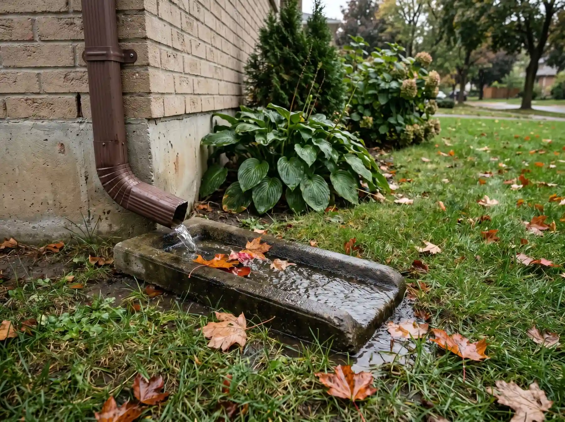 A downspout emptying onto a leaf-covered splash block beside a foundation