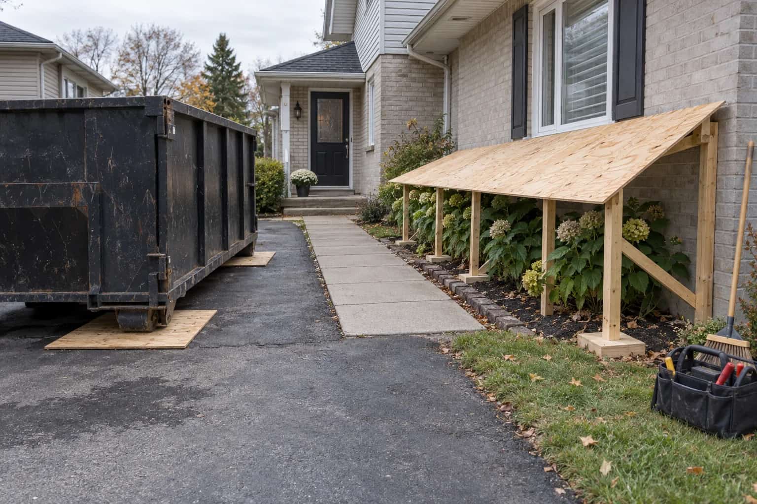 Raised wood-panel cover above plants beside a bin resting on protective boards and a clear front walkway