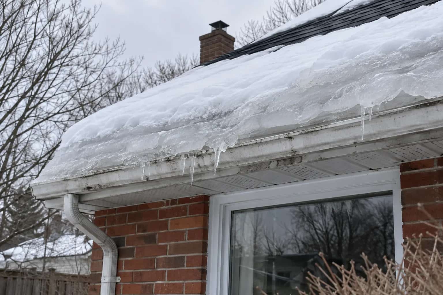 Ice ridge and short icicles along a snow-covered bungalow eave