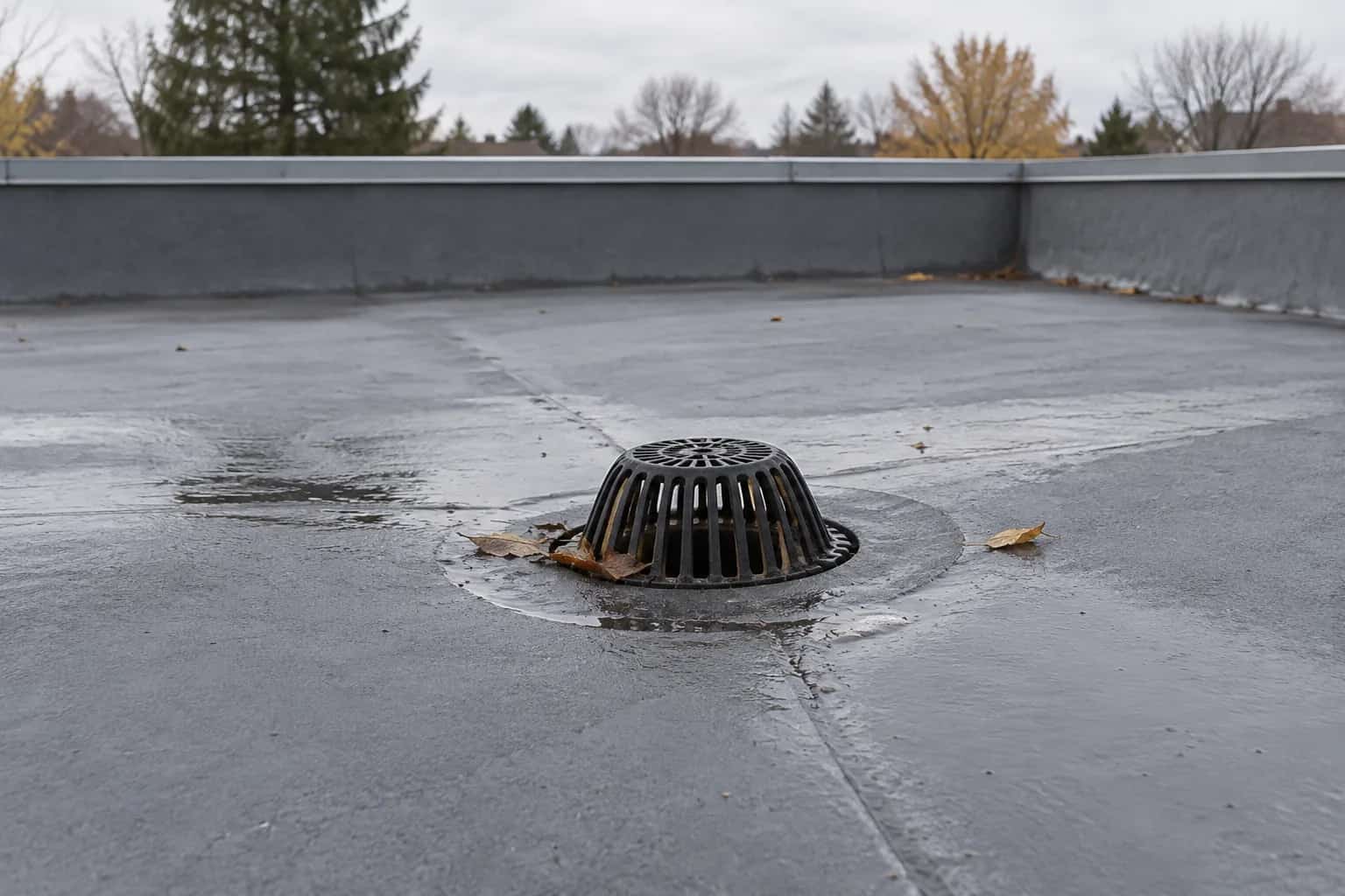 Domed roof-drain strainer with nearby leaves and water on a low-slope membrane