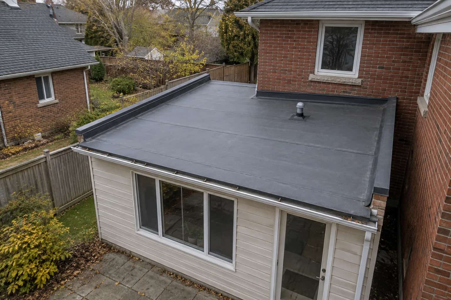 Low-slope membrane roof above a rear extension with side parapets and an eavestrough