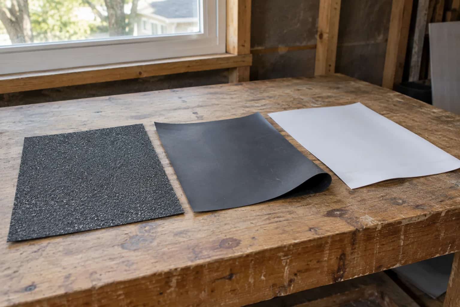 Granulated dark, smooth black and smooth white roofing sheets on a workbench