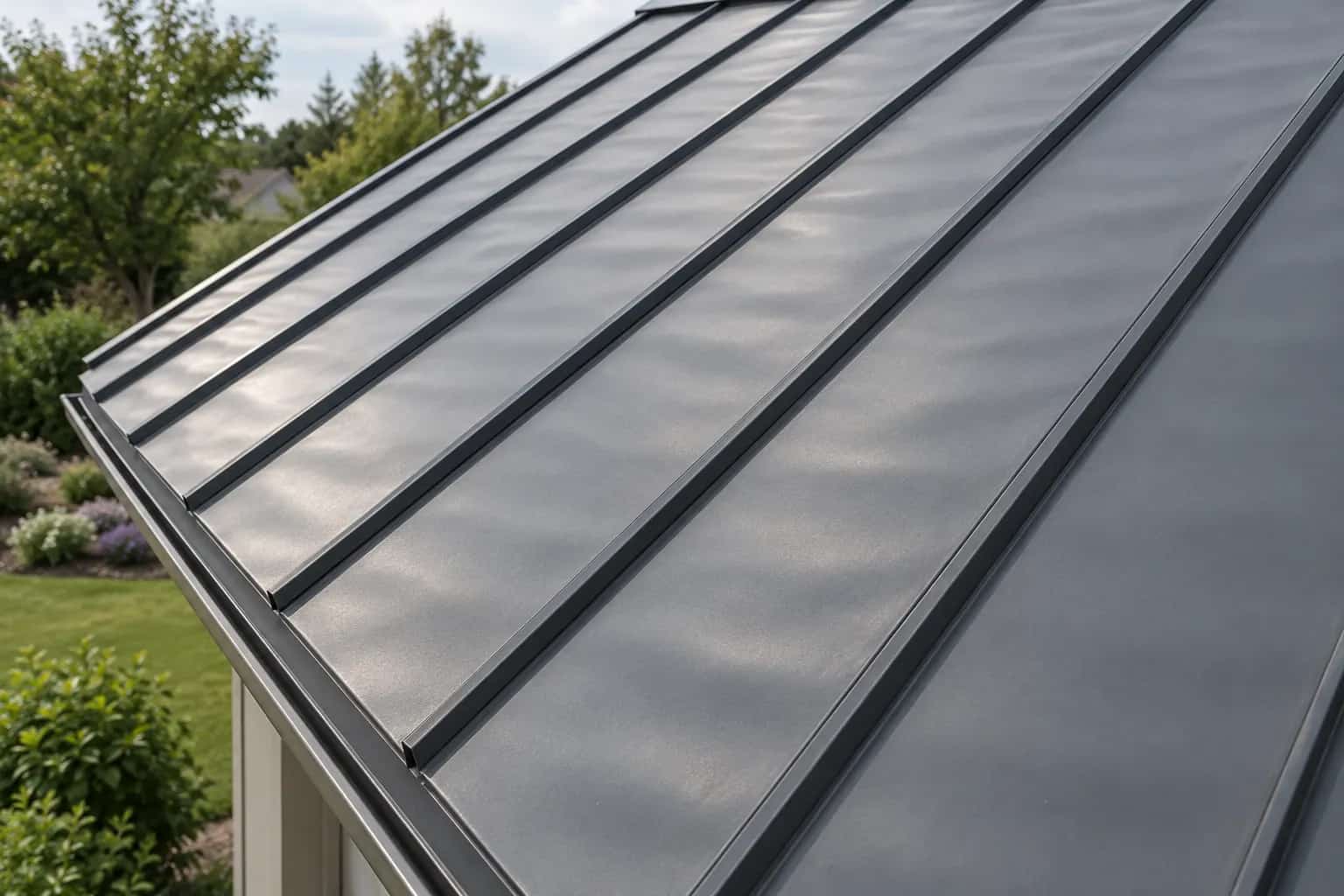 Soft ripples of reflected light across grey standing-seam roof panels