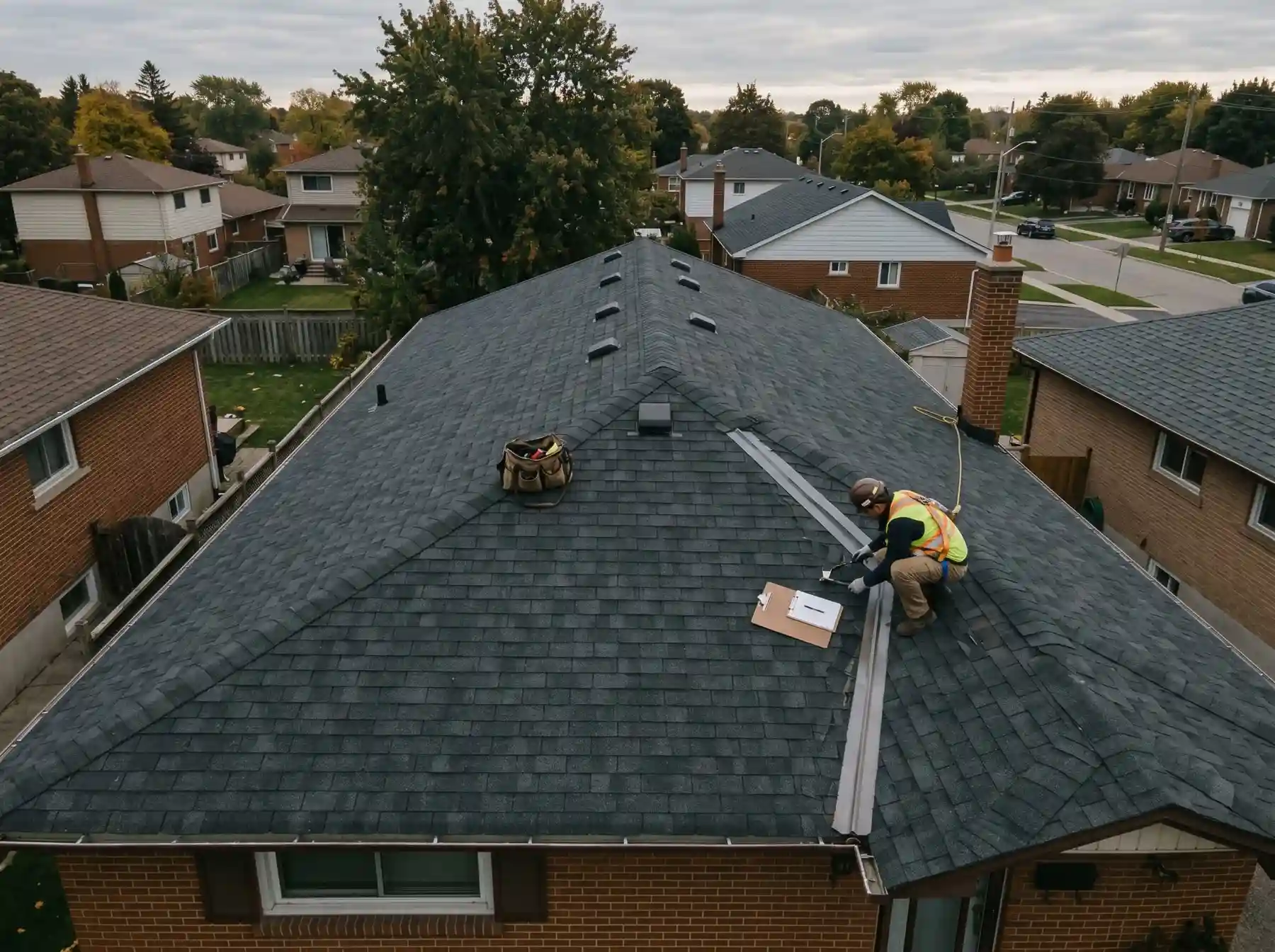 Aerial view of a roofer checking shingles near the edge of a residential roof.