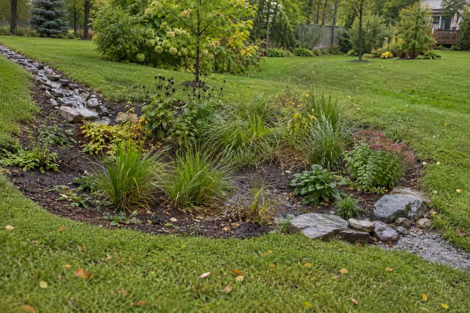 Shallow planted rain garden between stone-lined inlet and overflow channels.