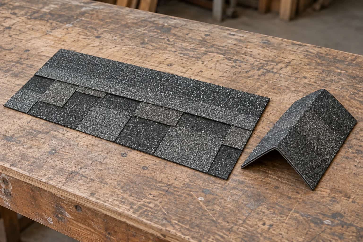Flat layered shingle sample beside a folded ridge-cap sample on a workbench