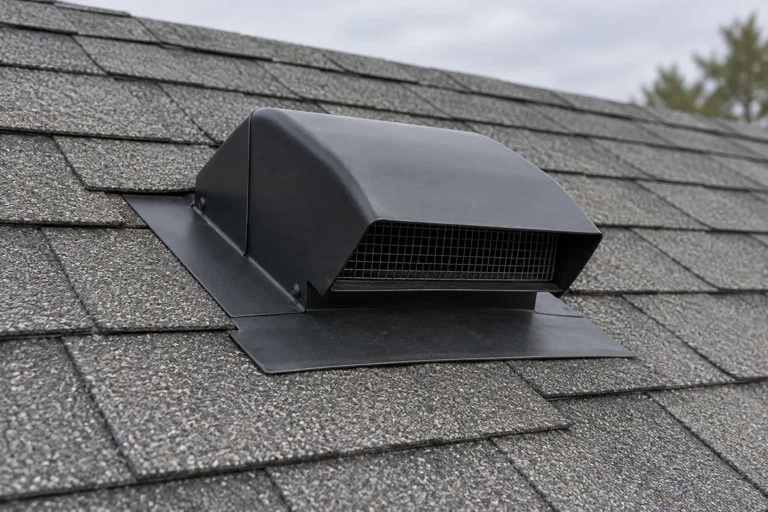Black roof exhaust hood with a screened opening above grey shingles