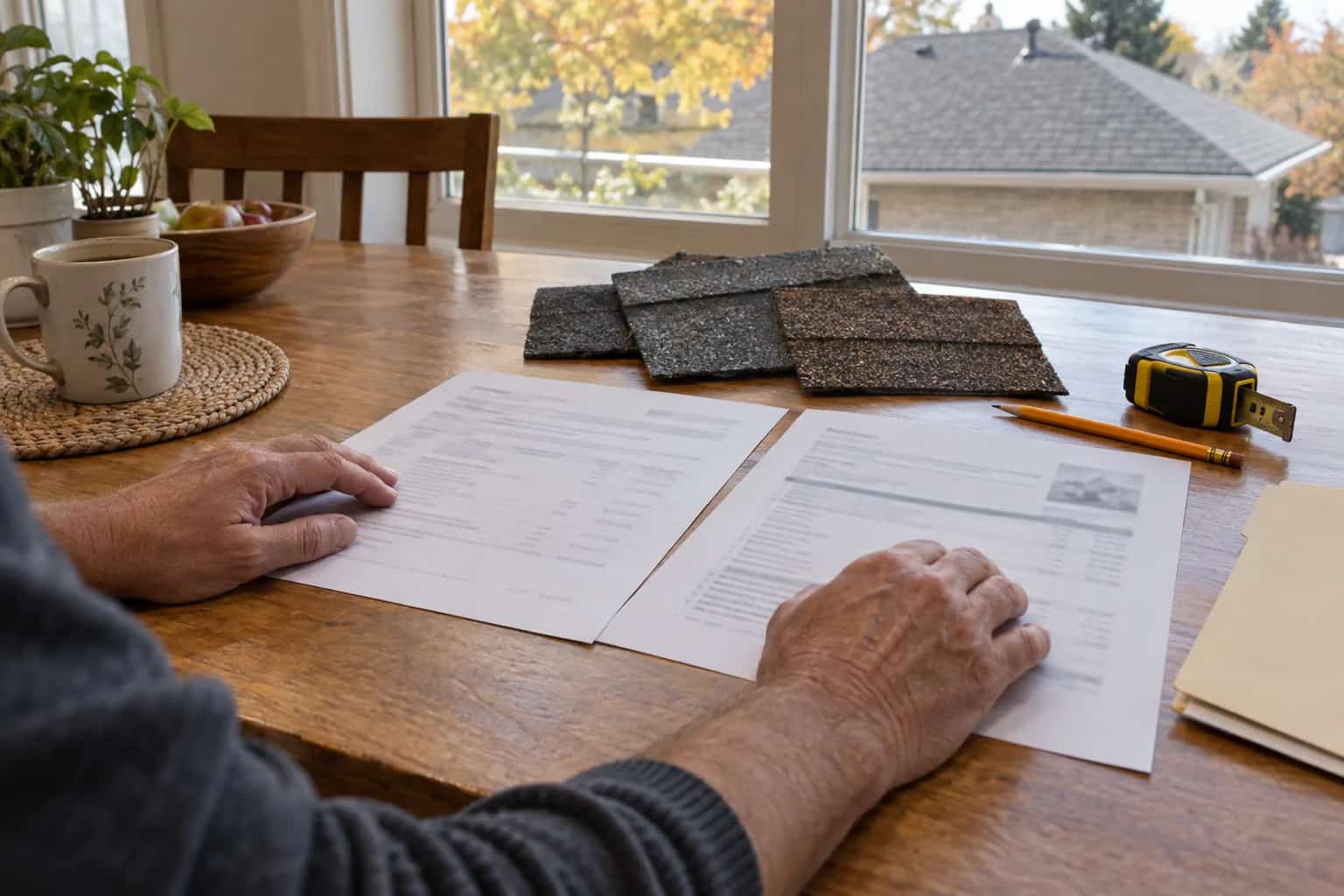 Roofing paperwork and shingle samples beside a folder on a kitchen table