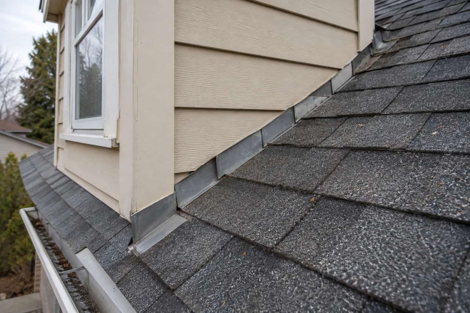 Metal flashing following the junction of a shingle roof and a sided dormer wall