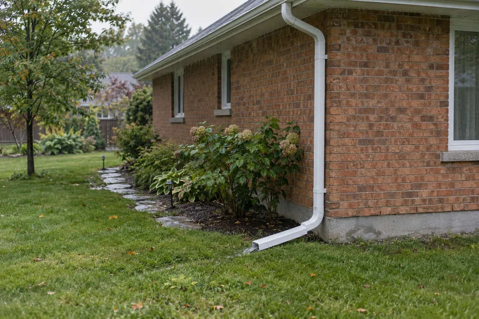 White downspout extension releasing roof water onto grass beside a brick house