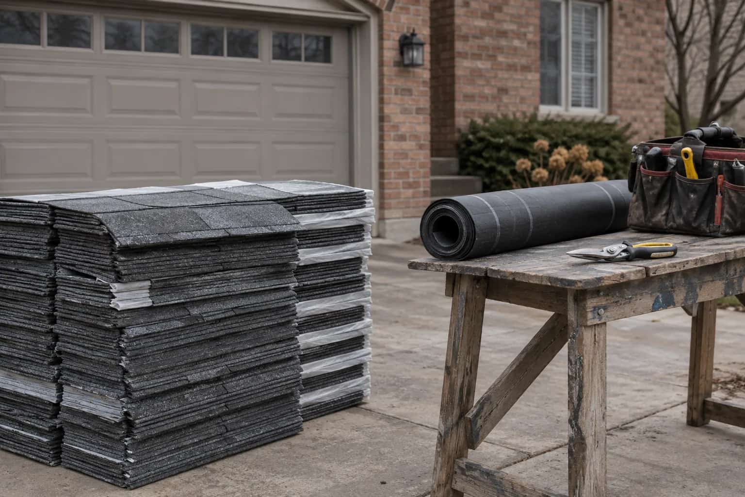 Loose shingles and membrane roll beside garage