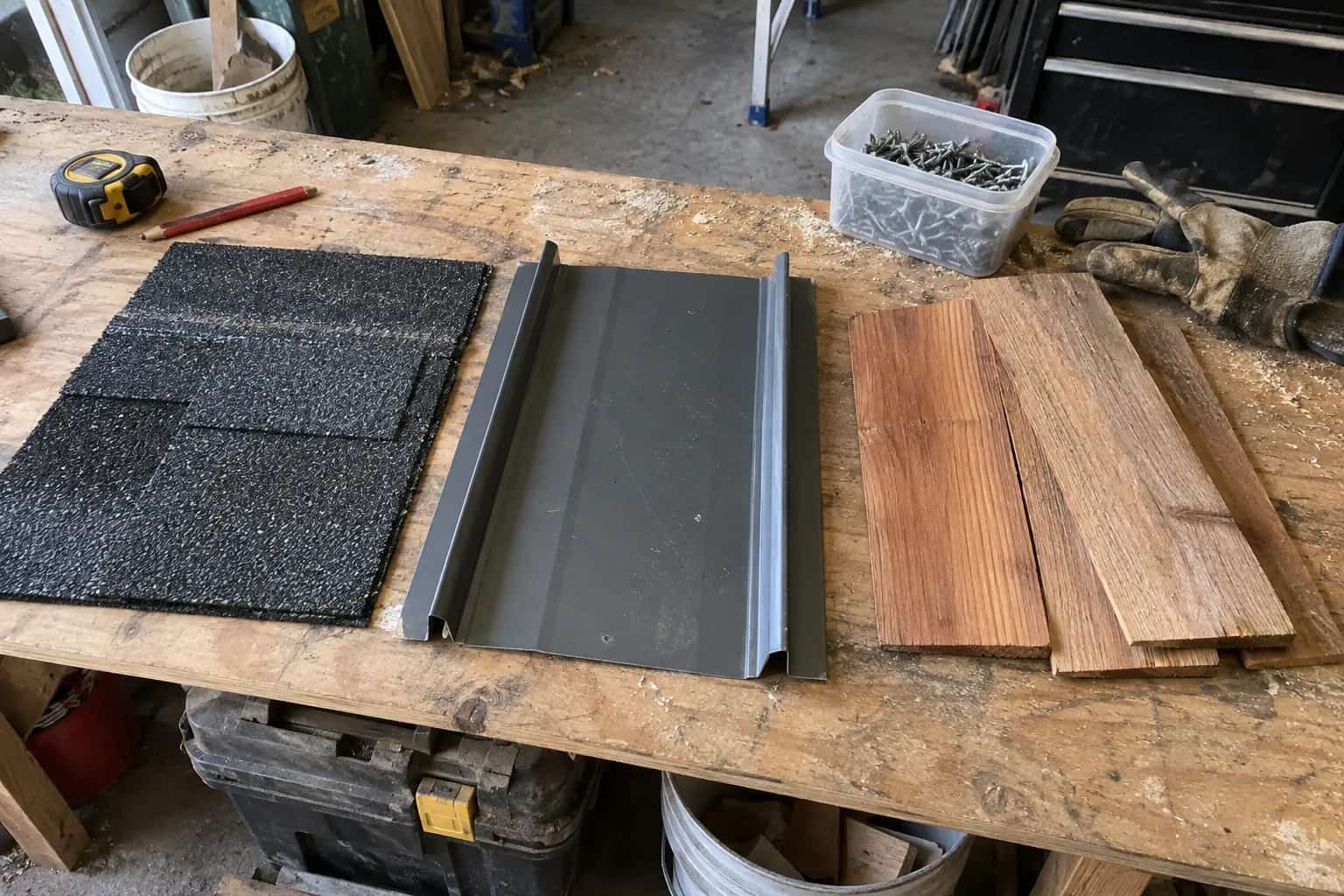 Asphalt shingle, standing-seam metal and cedar samples on a workbench