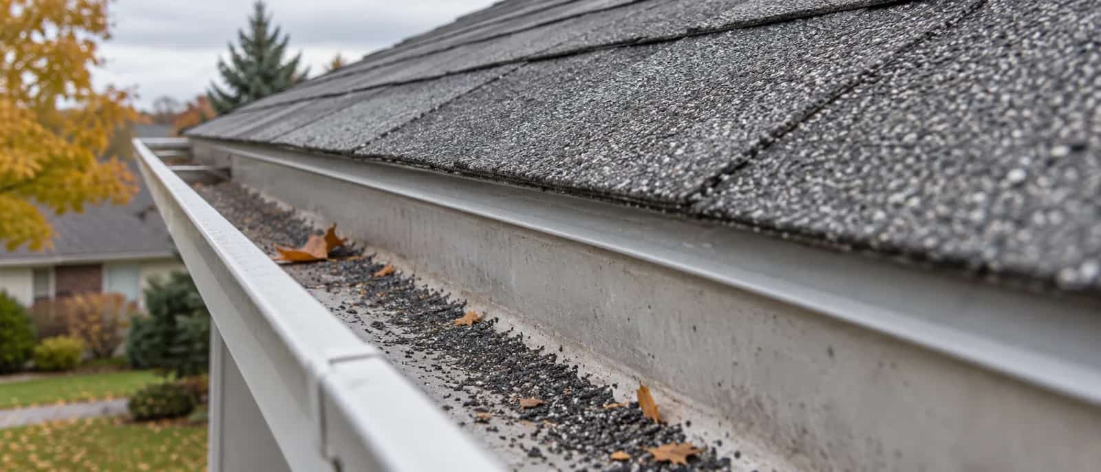 Loose shingle granules and a few dry leaves in an aluminium gutter.