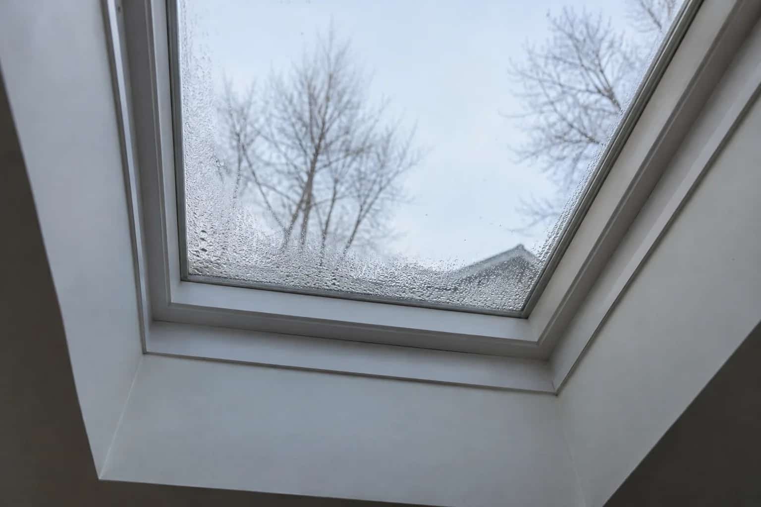 Water droplets near the edges of skylight glass viewed from indoors
