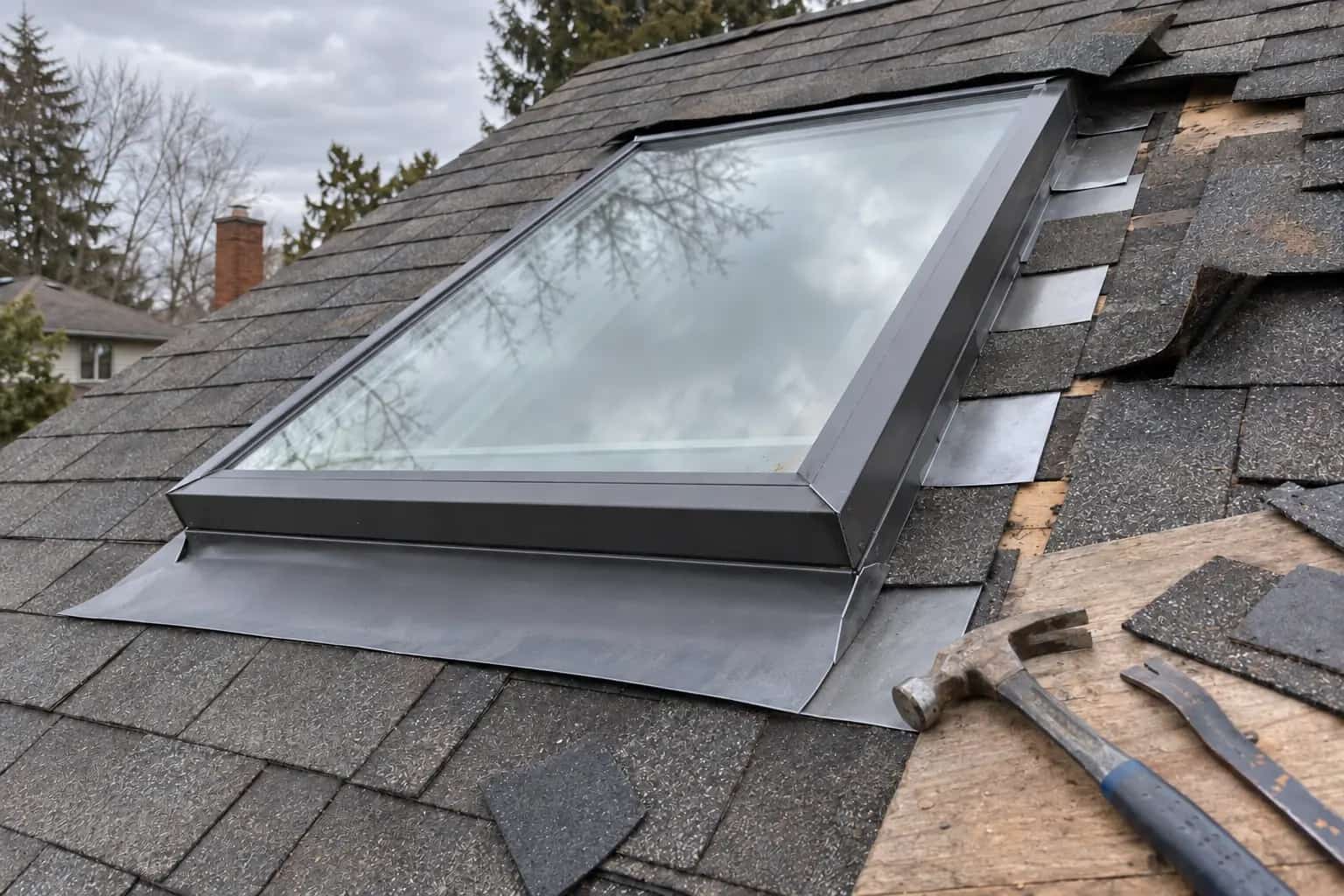 Skylight with surrounding shingles lifted to expose side flashing during work