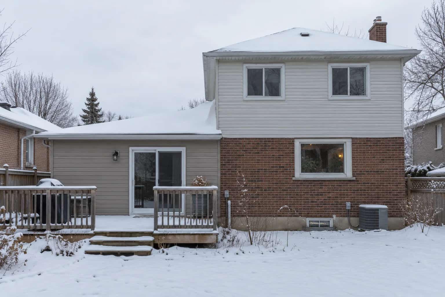 Snow gathered on a lower addition roof beside the taller wall of a house.