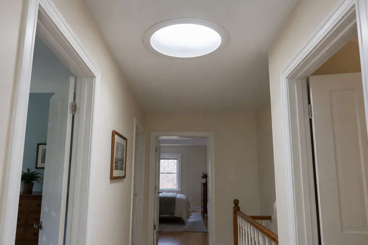 Round translucent sun-tunnel diffuser above an upstairs hallway