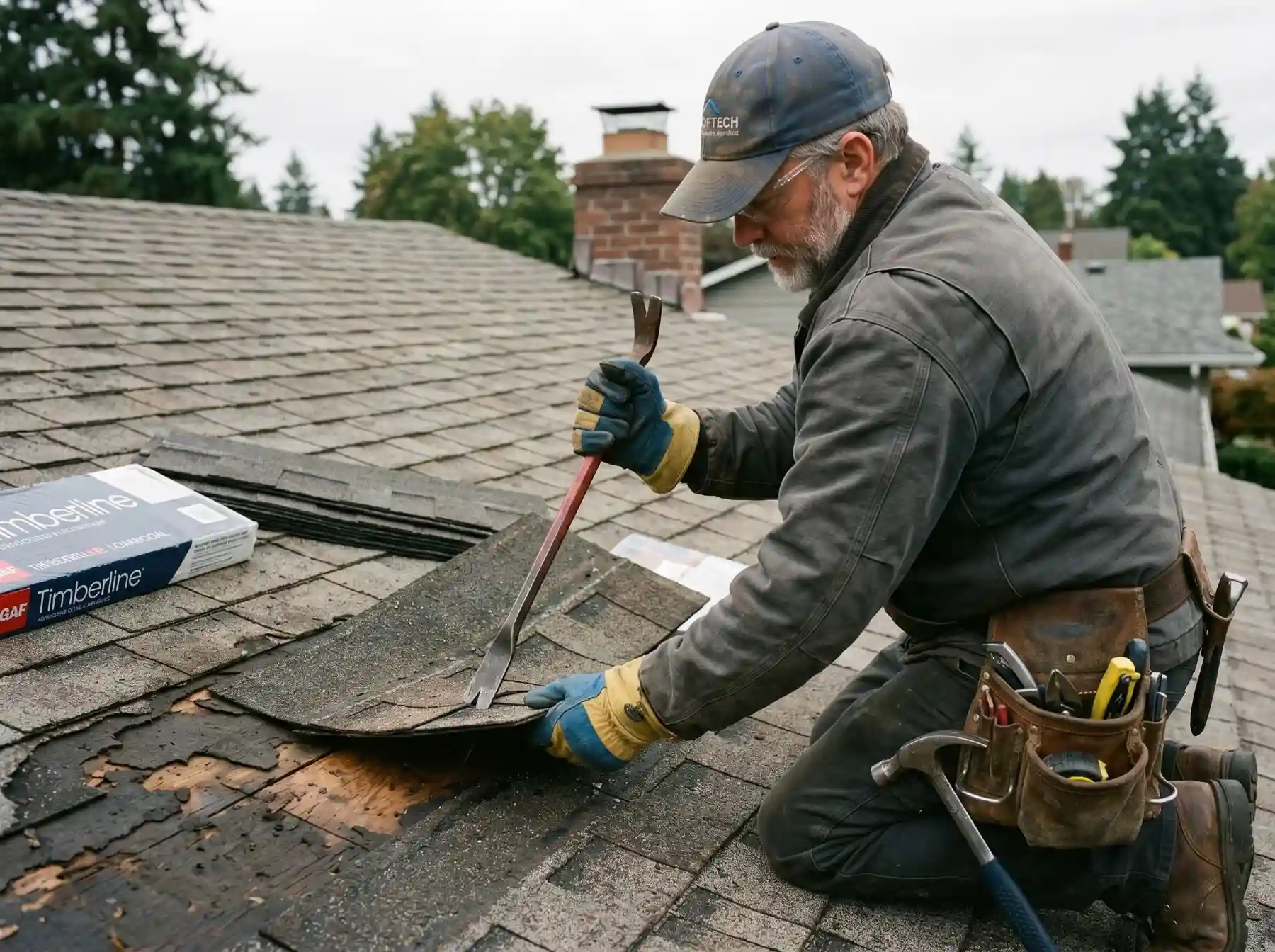Worker prying shingle layers above deck