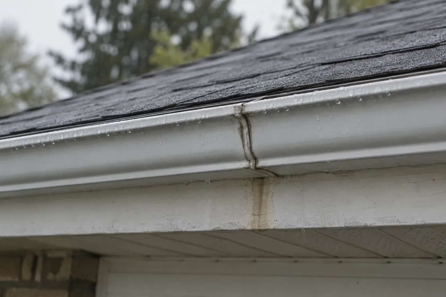 Water droplets and staining at a gutter joint above the fascia