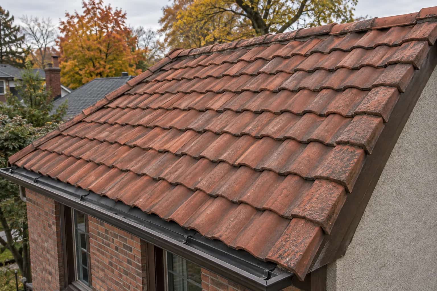 Reddish brown clay roof tiles in overlapping rows above a brick and stucco house.