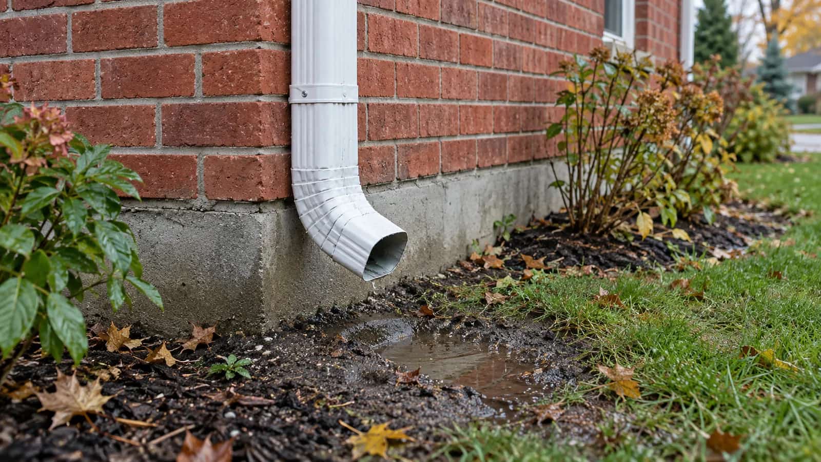 A short downspout emptying above pooled water in soil beside a brick foundation