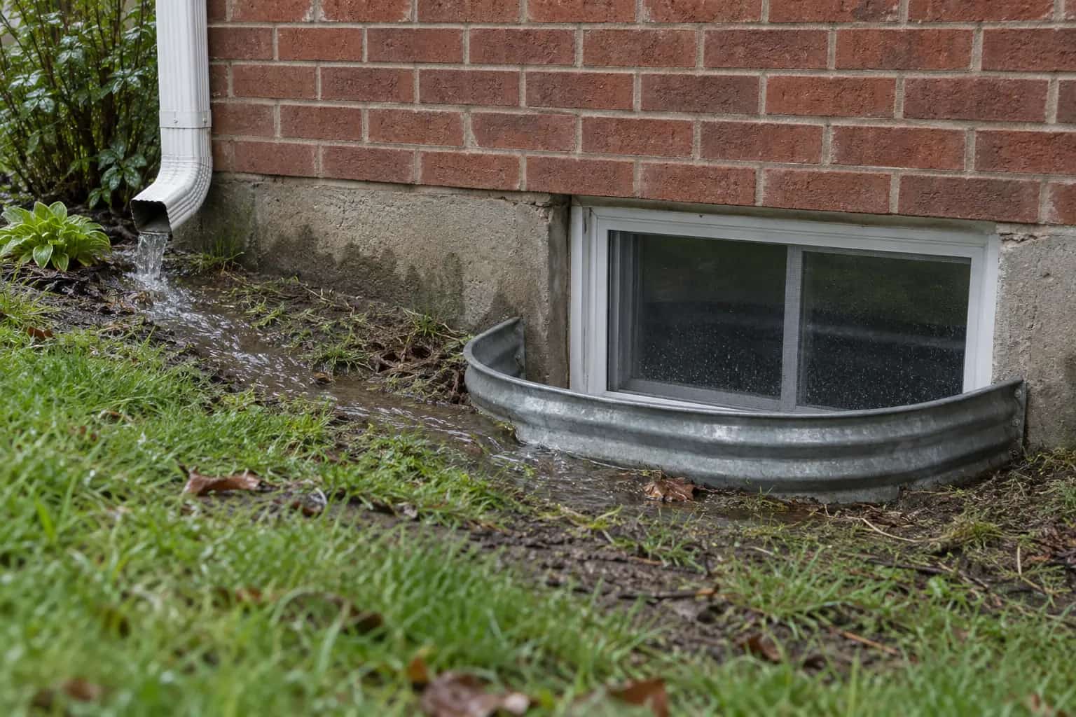 Short downspout releasing water beside a basement window well