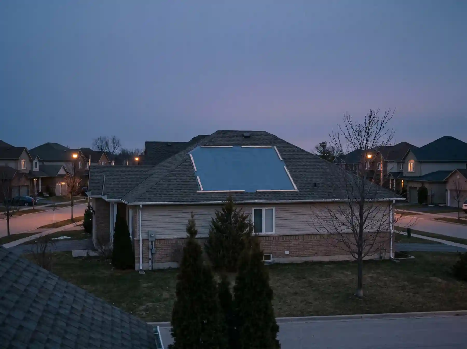Blue temporary covering on a suburban home's shingle roof at dusk