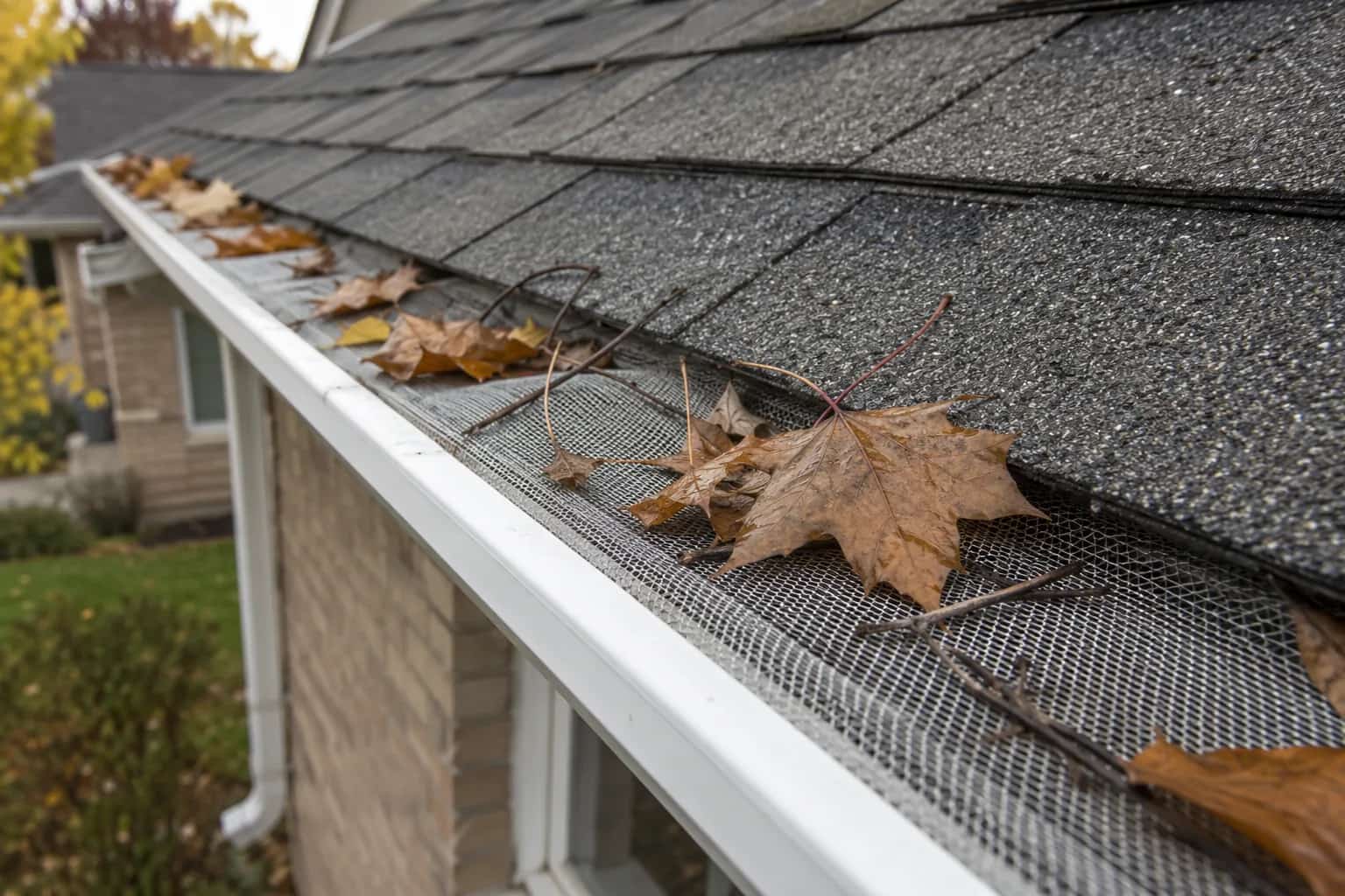 Leaves and small twigs lying on mesh above a white gutter