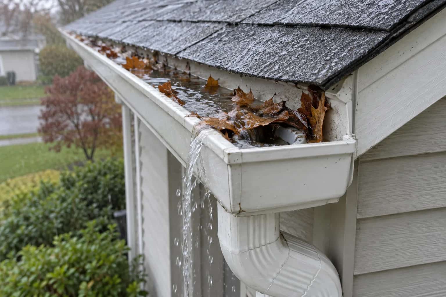 Wet leaves around a gutter outlet with water spilling over the front rim