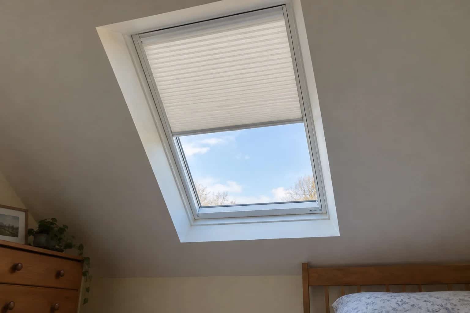 Pleated blind covering the upper half of a skylight in a sloped bedroom ceiling