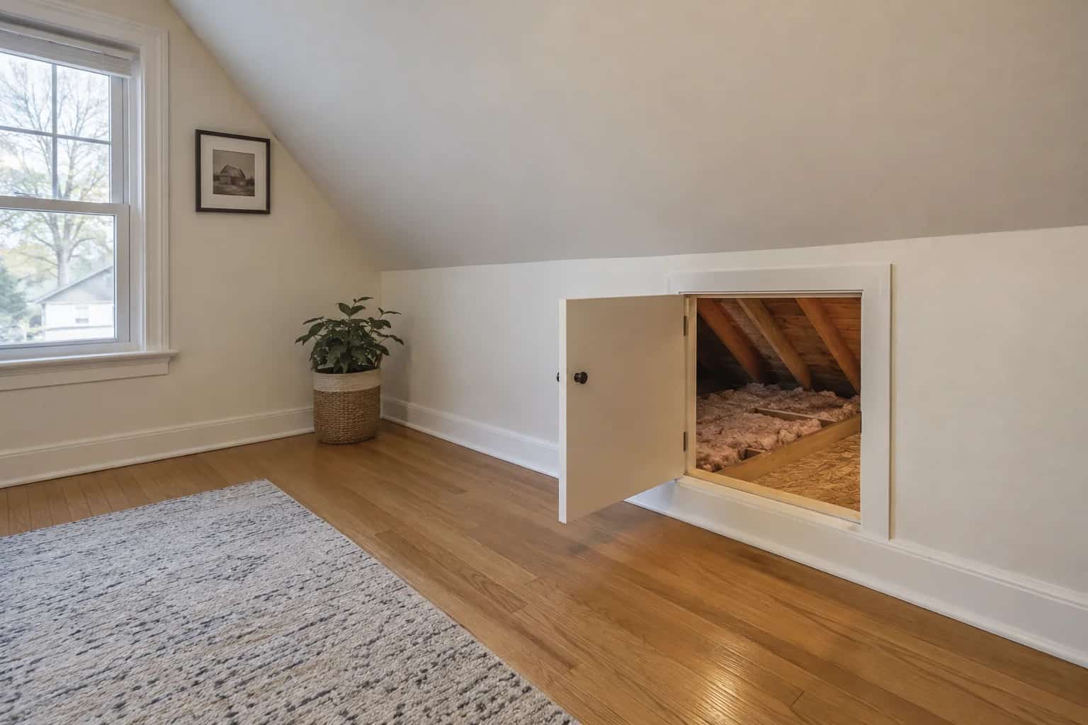 Open knee-wall access door revealing a small side attic beneath a sloping ceiling.