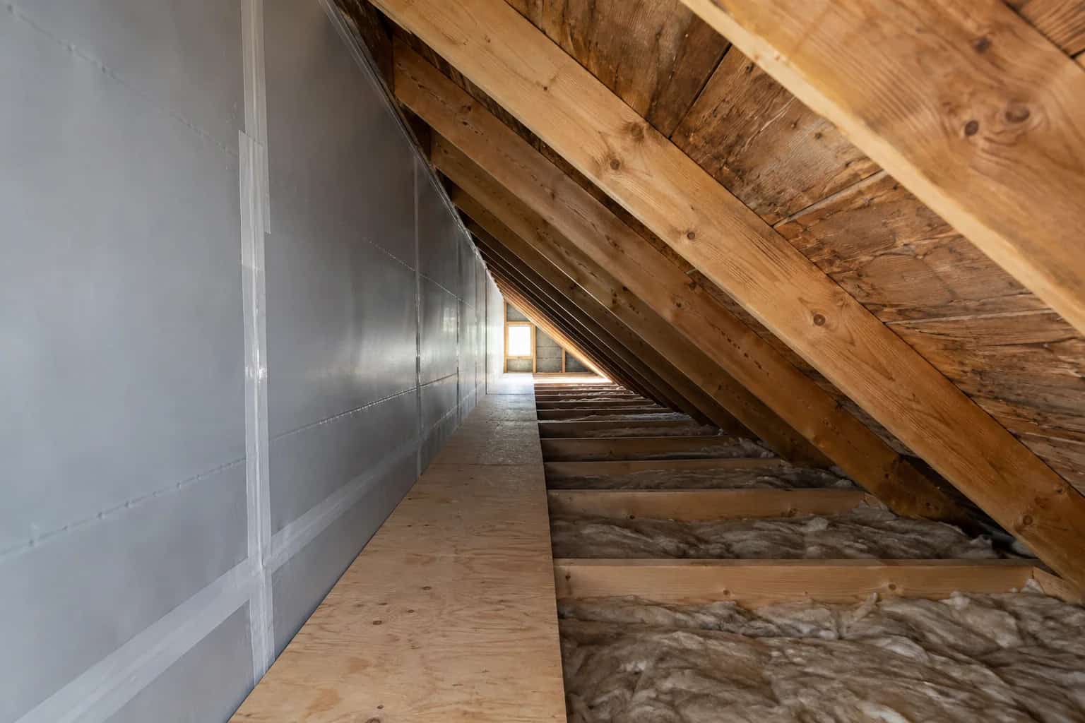 Narrow attic cavity with a panel-faced knee wall, sloping rafters and an access platform