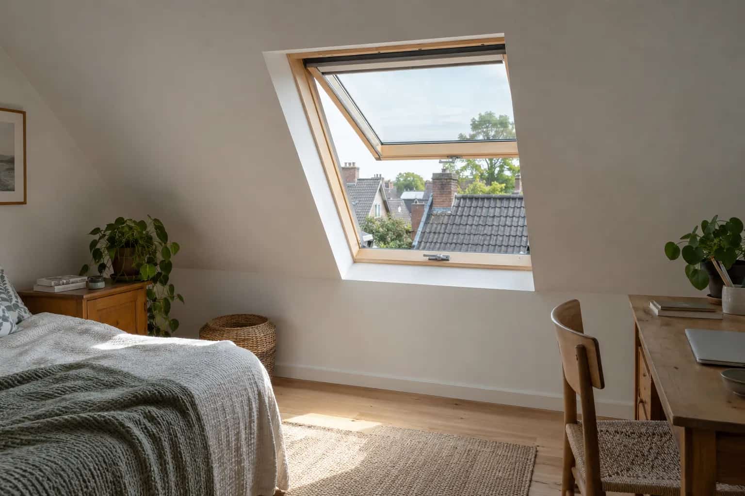 Open roof window beside a bed beneath a sloping room ceiling