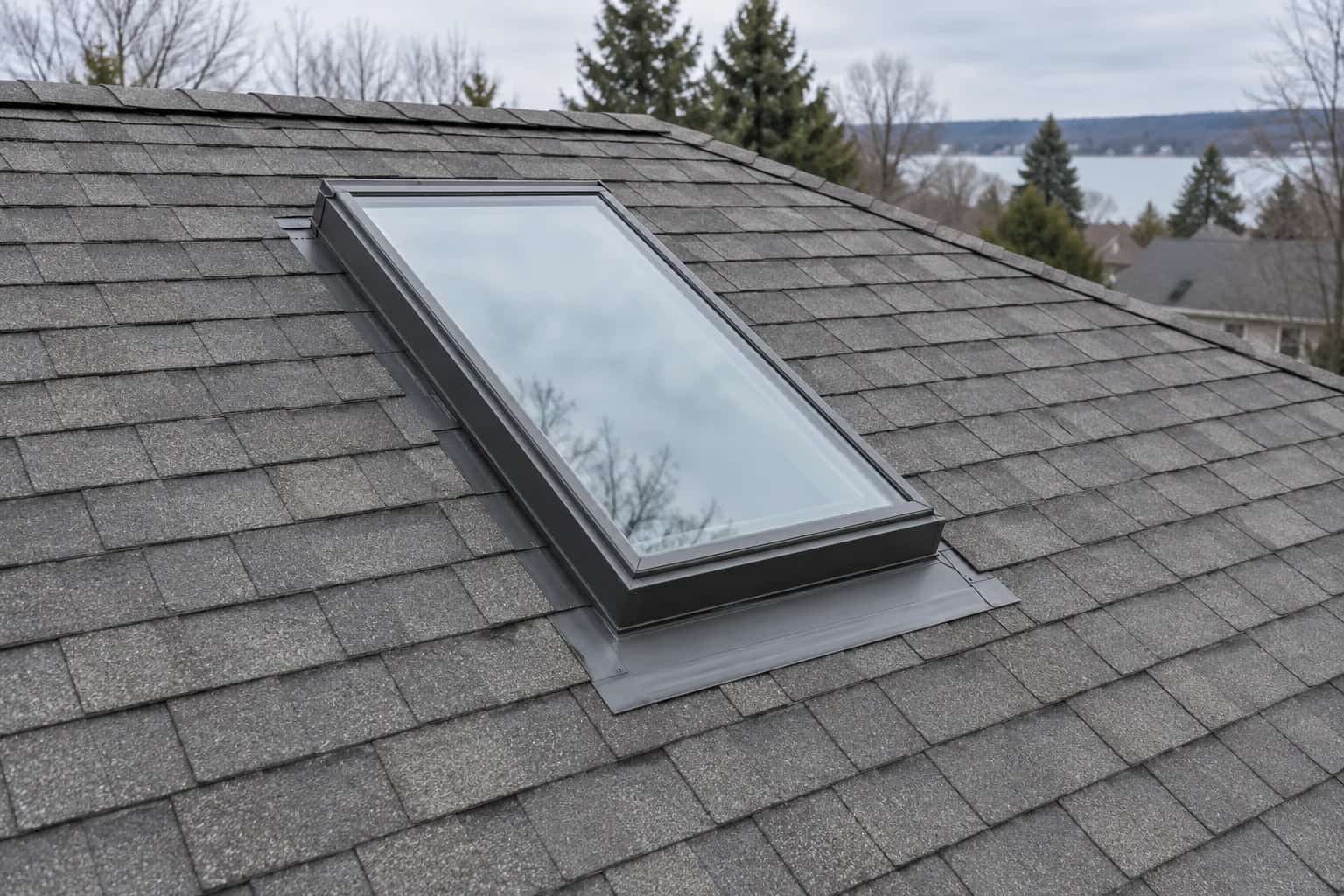 Rectangular skylight surrounded by grey shingles on a pitched roof