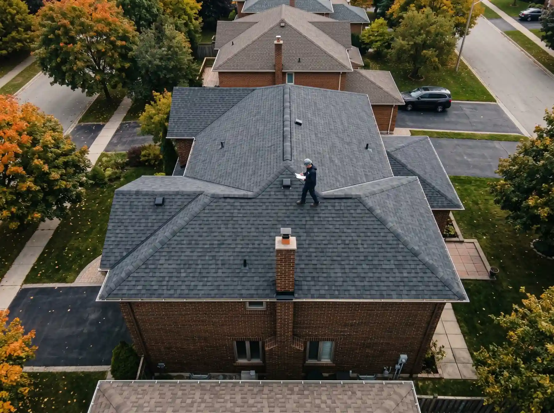 Aerial view of a roofer working on a dark shingle roof between neighbouring homes.