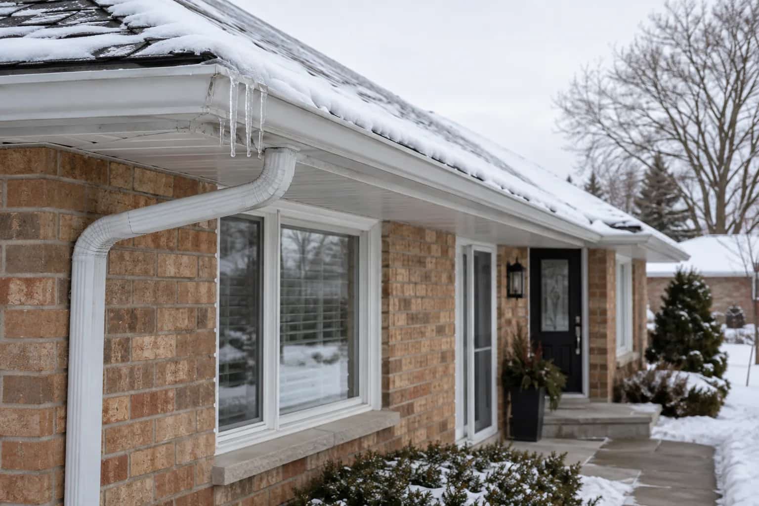 Snow along a bungalow roof edge above a gutter, downspout and winter garden